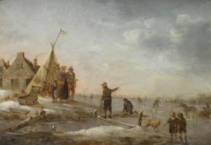 Vinterlandskab med kunstskøjteløb foran en landsby